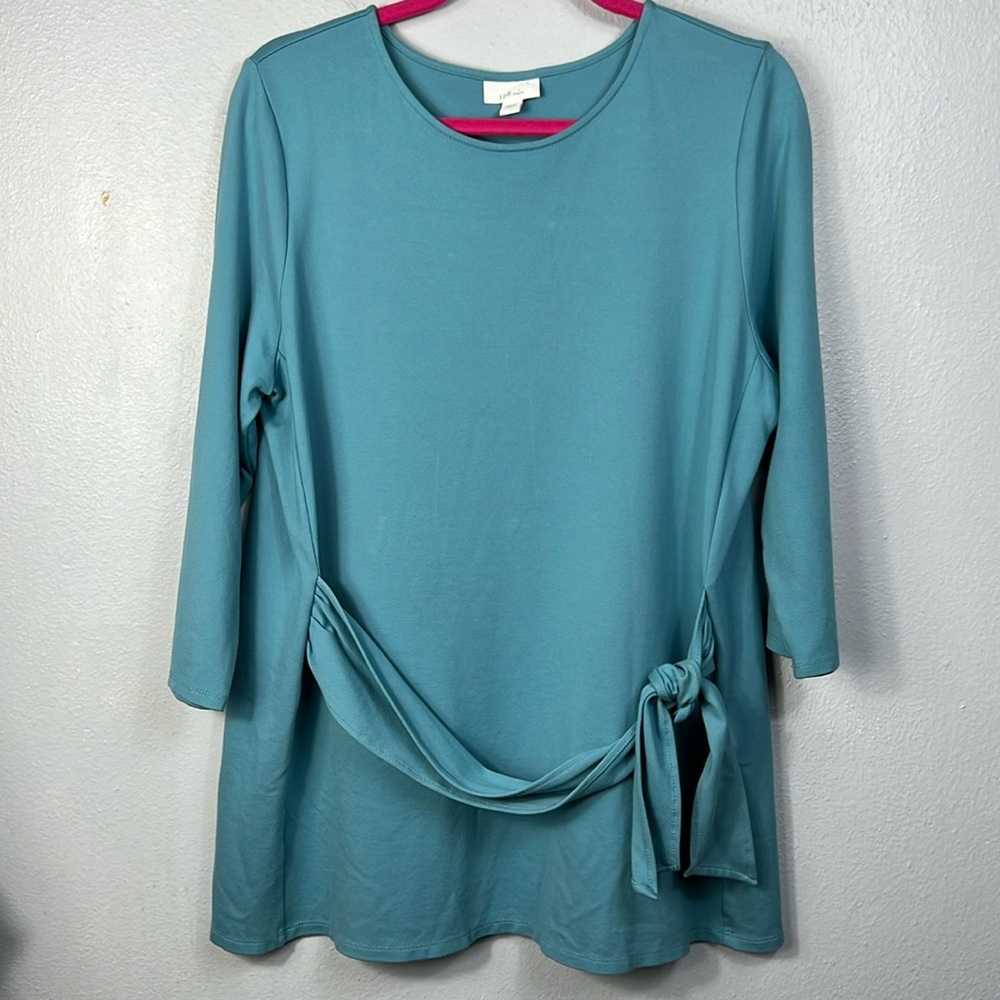 J. Jill Ponte Tie Front Blue 3/4 Sleeve Tunic Top Large